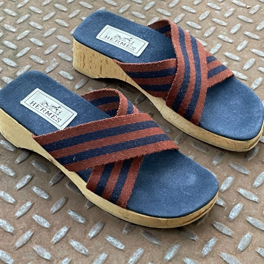 Hermes Women Sandals Canvas Navy Tan Ribbon Strap Wooden Heel Shoes Size 36/5 - Picture 2 of 12